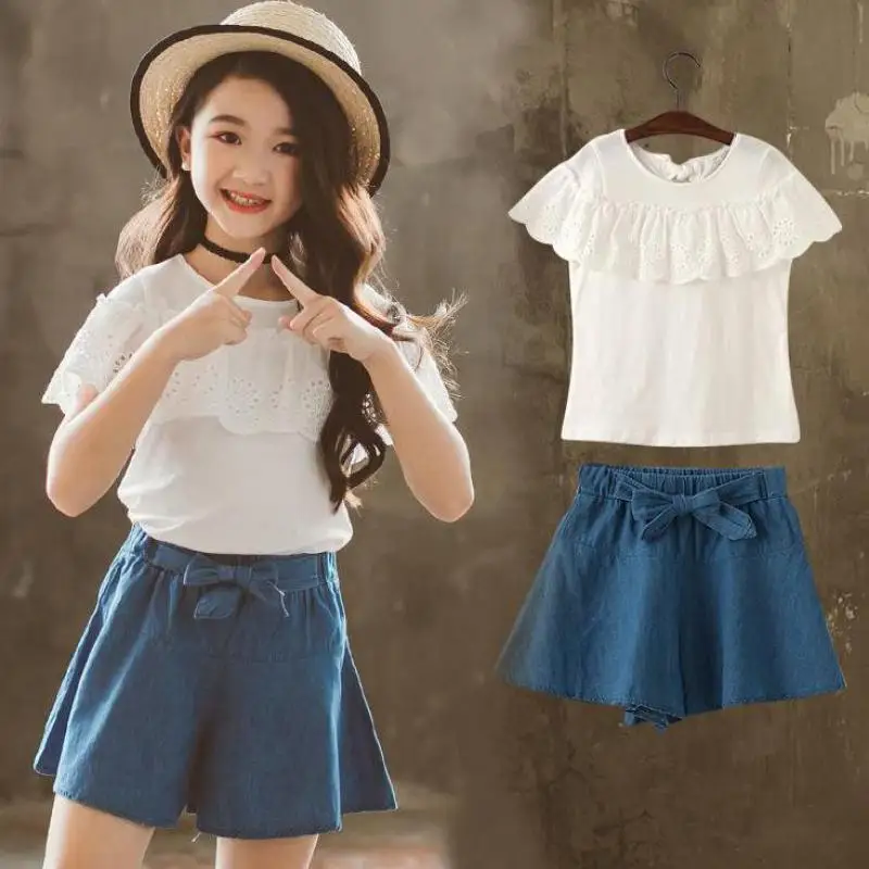 

2019 Clothing Set For Girls Summer Girls Costumes Kids White Lace Blouses Shirts + Shorts Child Clothes Kids Clothing Sets 10 12