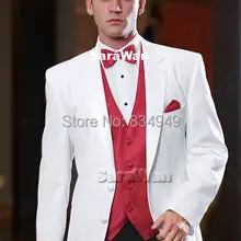 Смокинг для жениха на заказ, белые костюмы с отворотом на заказ с красной жилеткой, свадебные костюмы для мужчин на заказ