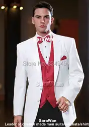 Индивидуальный заказ смокинг жениха, заказ Нотч белые костюмы с Красная туника, Нарядные Костюмы для свадьбы для мужчин