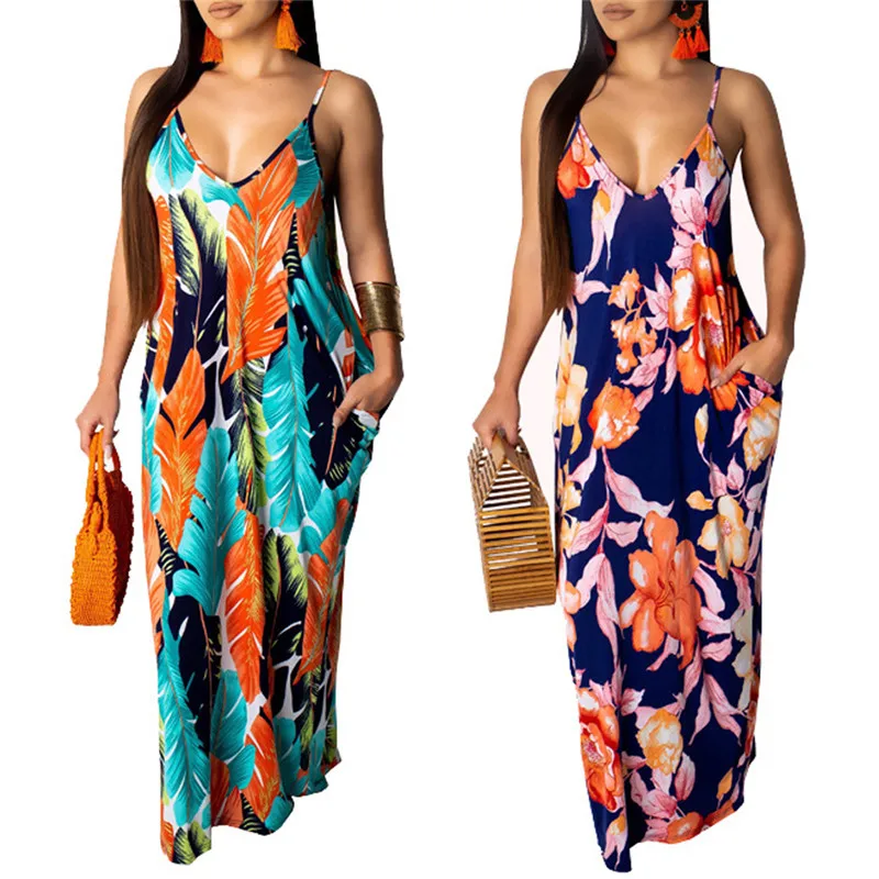 

hirigin Sexy Women Summer Boho Floral Long Maxi Dress Strap V-neck Print Beach Dress Evening Party Loose Women Dress Sundress
