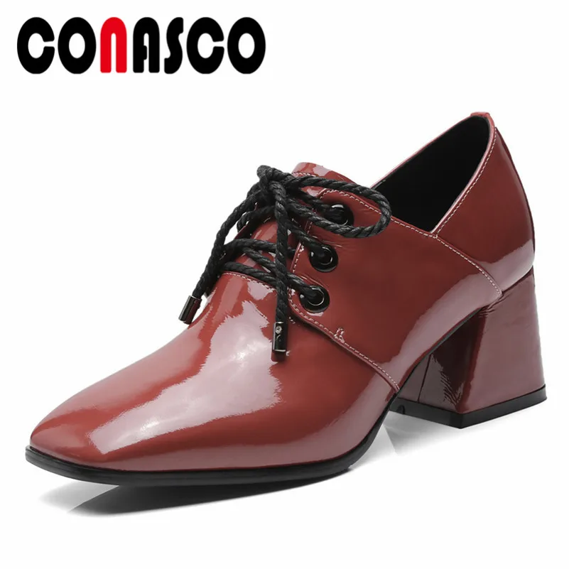 

CONASCO Fashion Gladiator Women Genuine Leather Pumps Thick High Heeled Corss-tied Ankle Boots Square Toe Martin Shoes Woman