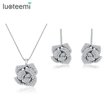 LUOTEEMI Best Gift Romantic Rose Flower Earrings and Pendant Neckalce AAA+ Clear CZ Micro Paved Jewelry Sets For Women Bijoux