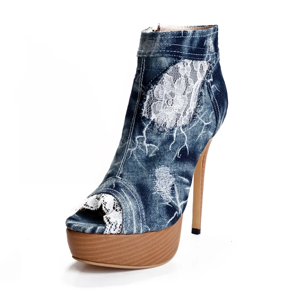 Оригинальное предназначение; новые стильные женские ботильоны; элегантные джинсовые ботинки на тонком каблуке с открытым носком; красивая женская обувь; большие размеры