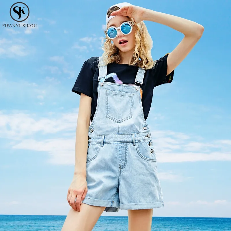Summer Women's Denim Jumpsuit Shorts 2018 New High waist Loose Plus