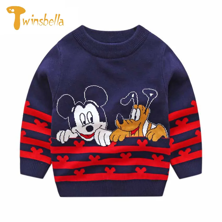 TWINSBELLA New Autumn Sweater For Children Boys Spring Cotton Stripe Knitted Sweater Kids Cartoon Pattern Print Pullover Costume