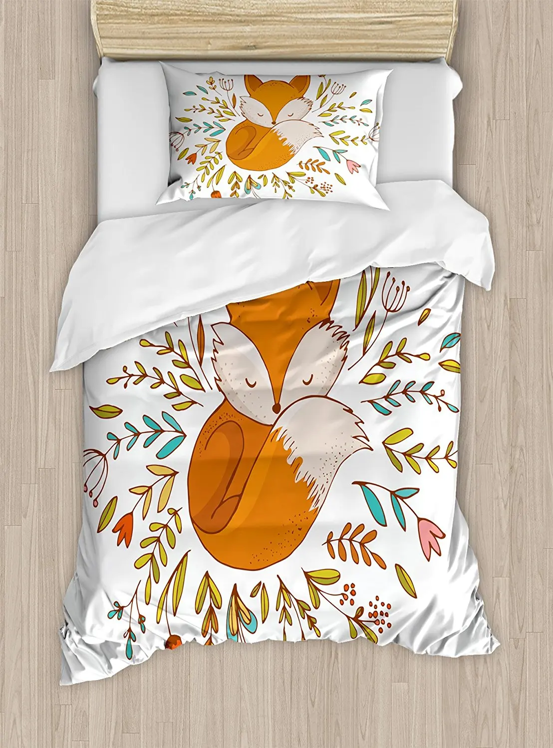 Cartoon Duvet Cover Set Cute Baby Fox Sleeping in a Floral Made Bed