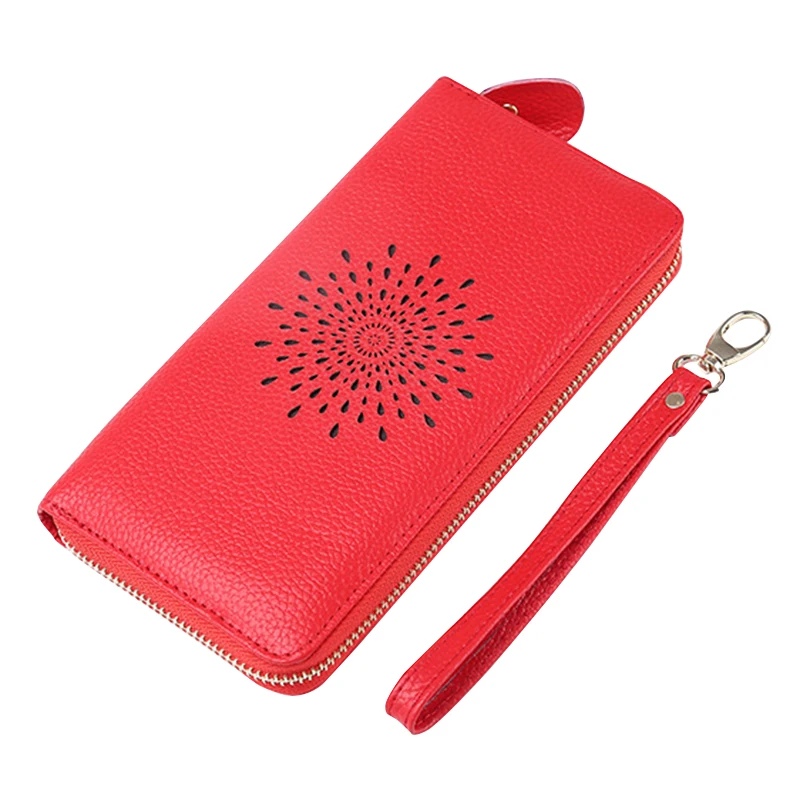 

Women Hollow Out Genuine Leather Long Purse Zipper Coin Purses Lady Clutch Credit Card Holder Wallets With Wristbag Clutches