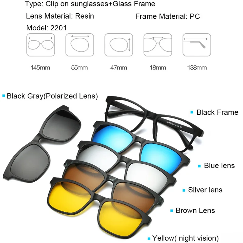 Rx-able Eyeglass Frames 5 Pcs Magnetic Clip on Polarized Sunglasses UV JFA379