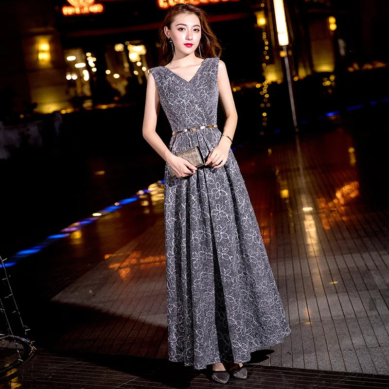 Smoke Ceinture Paillettes Tenue Color Manches Gray Col Élégantes De Robes Fête Florale Vintage V Sans Sexy Femme Robe Pour Brillant Femmes Les Longue BvwxZ7Rq
