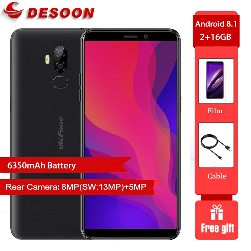 Ulefone мощность 3L смартфон 6350 мАч длительным временем ожидания 6,0 дюймов 18:9 HD + MT6739 Ouad Core 2 Гб 16 уход за кожей лица ID Android 8,1 мобильный телефон