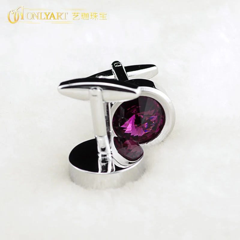 OnlyArt Dark Purple Crystal Cufflink Men's Round Cufflinks Silver Color Fashion Button For Shirts