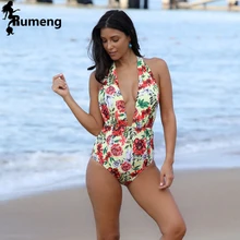 RUMENG новейший Глубокий V сексуальный цельный цветочный принт бикини с высокой талией женский купальник пляжный купальный