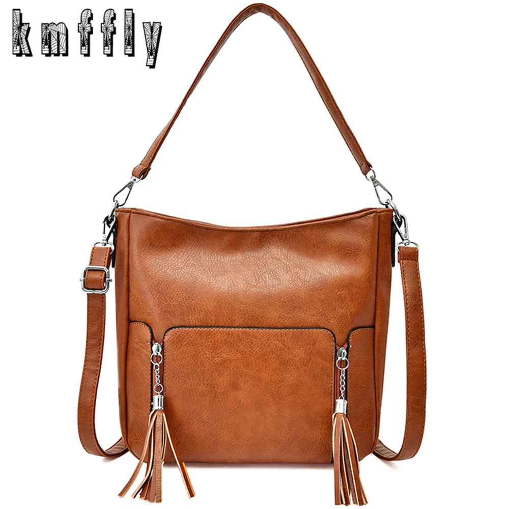 

Double tassel Women Leather Handbags Brown Bucket Shoulder Bags Ladies Crossbody Bags Large Capacity Ladies Shopping Bag Bolsa