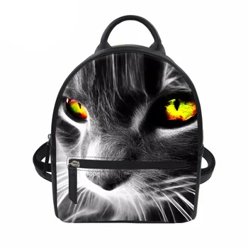 

Backpack Women Casual Schoolbag Black Cat Printing Mini Travel Backpacks for Girls&Boys PU Leather Bag Daily Rucksack New