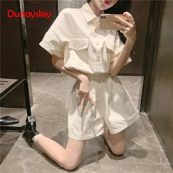 

Boyfriend Loose Shirts+Wide Leg Shorts Sets Two-piece Suit Cotton Summer 2 Pieces Set Tracksuit For Women Loose Minimalist