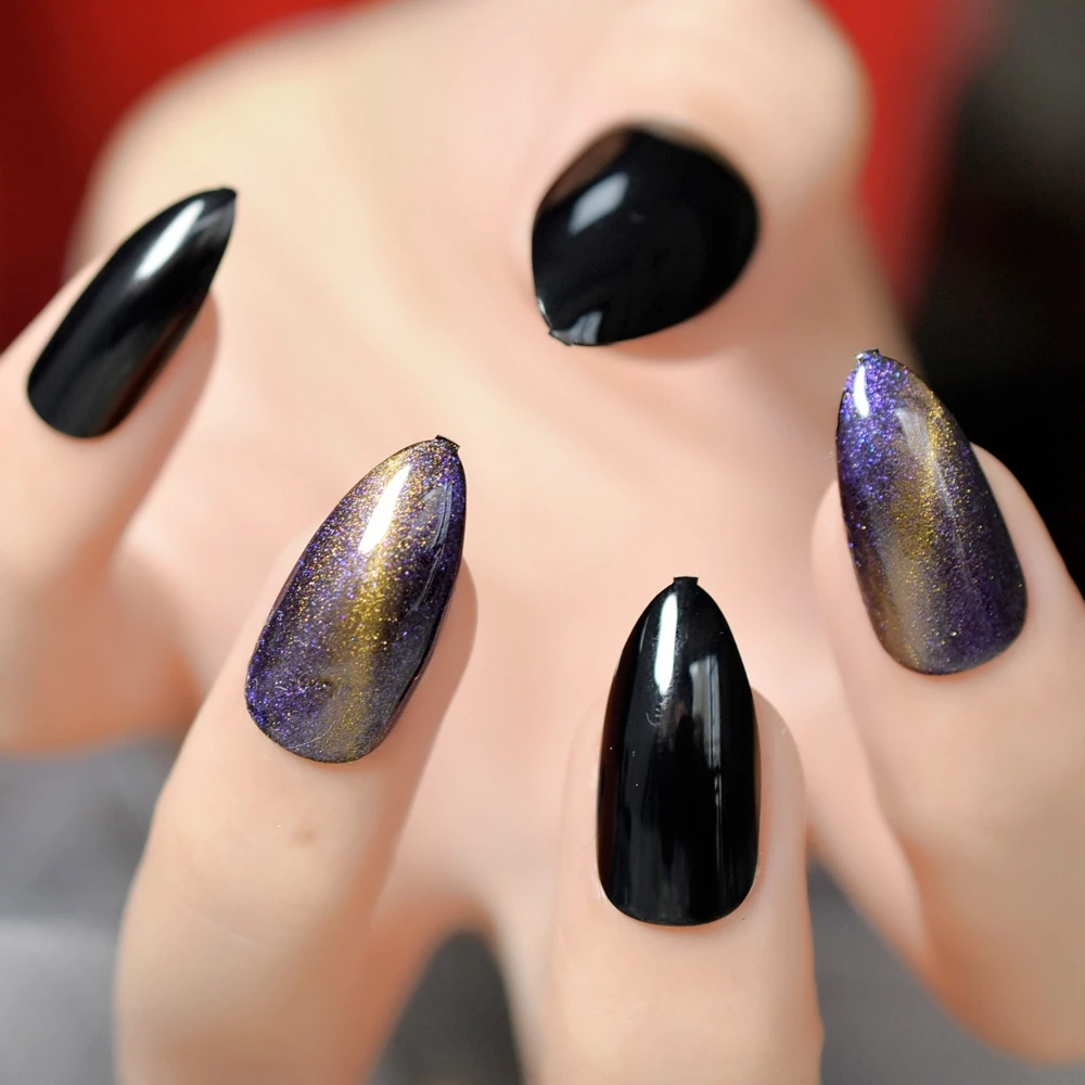 Черные кошачьи глаза поддельные ногти фиолетовое золото галактика Гель лак
