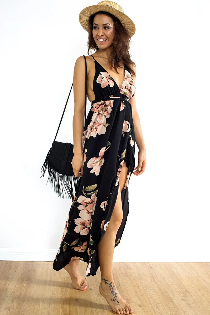 BONGOR LUSS Chiffon Summer Beach Dress Women Sexy Deep V-Neck Spaghetti Strap Backless Long Dress Boho Floral Print Maxi Dress (4)