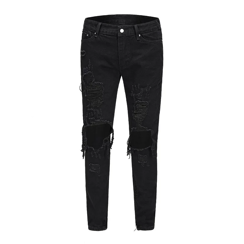 Европа и США INS hurricane big hole high street cat wash водные тонкие джинсы черные мужские хип хоп джинсы для скейтборда - Цвет: Черный