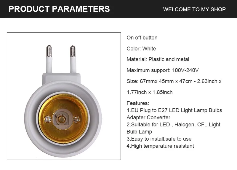 Лампочка с адаптером типа EU E27, светодиодный светильник с разъемом, конвертером с кнопкой ВКЛ/ВЫКЛ