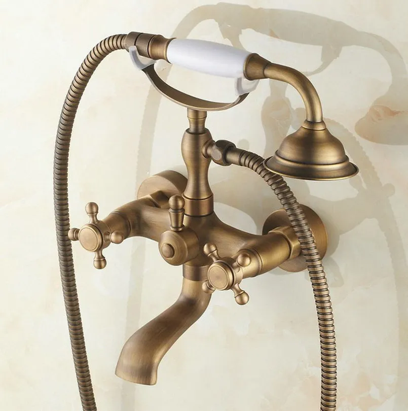 Antique Brass Wall Mount Telephone Euro Bath Tub Faucet Mixer Tap w/ Handheld Spray Shower Ntf150 3