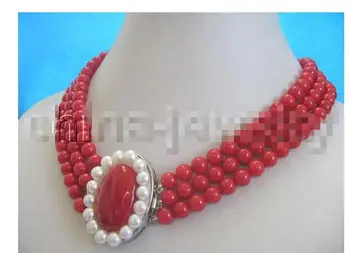 

Orange Lotus shell button Coral charming 17-19inch 3row 8mm natural red Coral necklace round beads jewelry AAA necklace women
