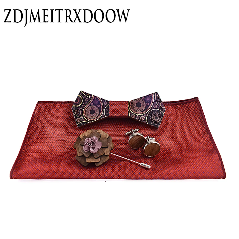 ZDJMEITRXDOOW Мужская мода деревянная бабочка Пейсли Corbatas Gravata жаккардовый галстук платок запонки галстук для мужчин подарочная коробка