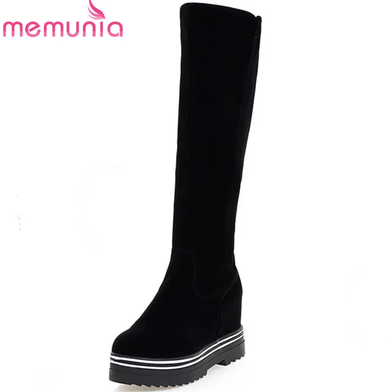 

MEMUNIA 2018 new arrival flock round toe knee high boots zipper fashion solid color platform boots autumn winter female shoes