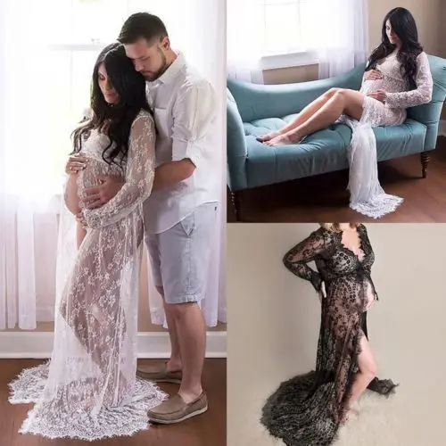 Для беременных Подставки для фотографий Беременность нарядное платье кружевной халат Макси платье для беременных Разделение спереди Для