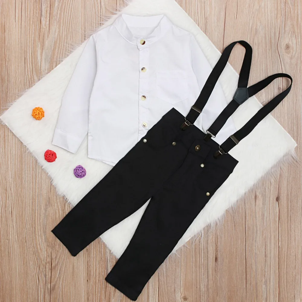 Белая футболка с длинными рукавами и отворотами для маленьких мальчиков; топы на подтяжках; комбинезоны; брюки; одежда для маленьких мальчиков; костюм; комплект