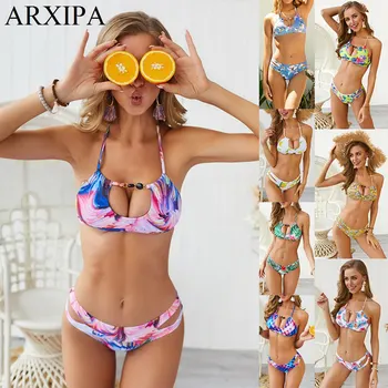 

ARXIPA 2019 Cut Out Sexy Bikini Set Low Waist Women Swimsuit Print Swimwear Halter Push Up Bathing Suit Brazilian Beachwear New