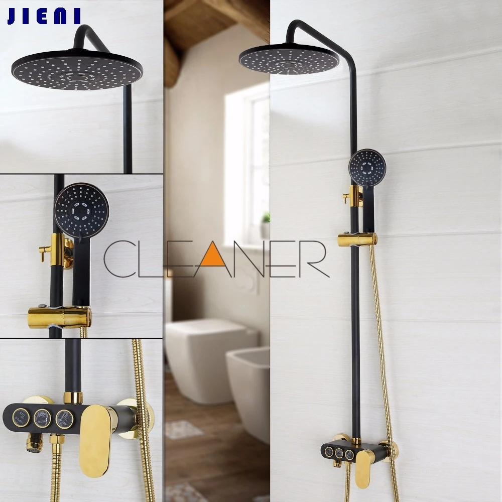 

Black Gold-plated Wall Mounted Bath Shower Set Faucet Rotation Tub Spout + Handheld Shower Spray + Rainfall Head + Single Handle