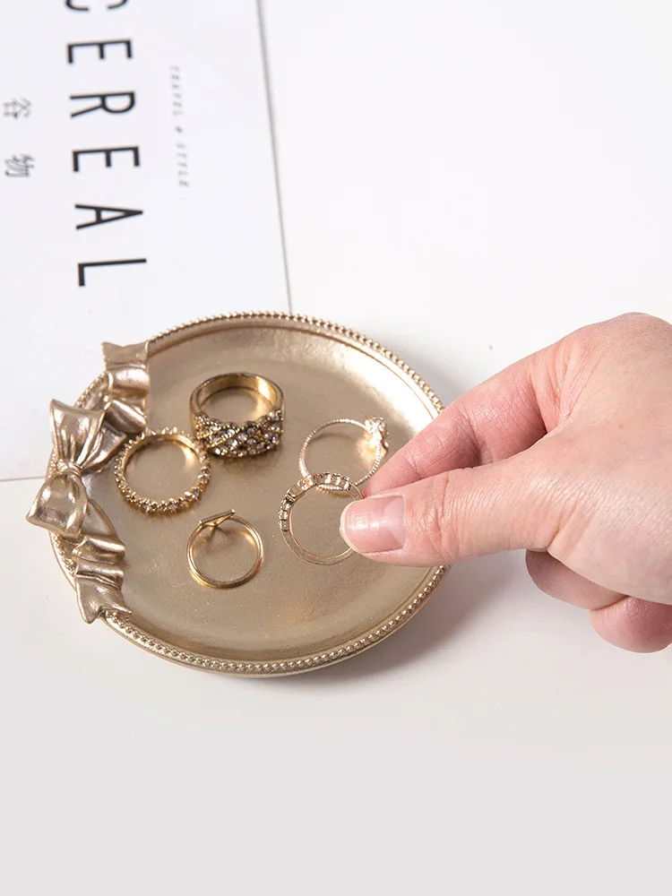 Small Bow Jewelry Dish Ring Necklace Storage Tray Trinket Dish Ring Candy Holder Bracelet Plate Square Gold