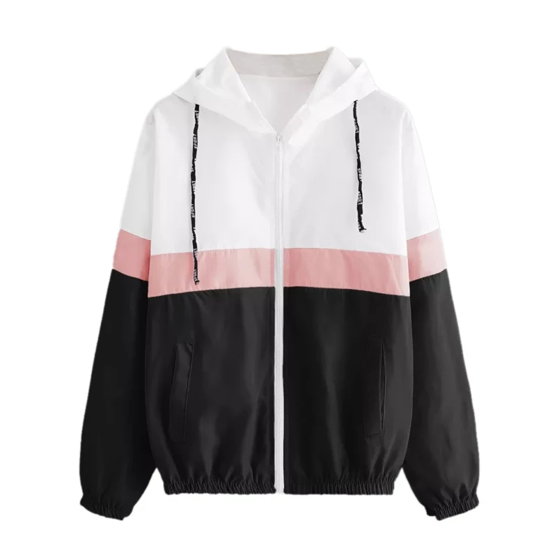 

Women'S Long Sleeve Plus Size Loose Splice Color Hooded Windbreaker With Pocket Cardigan Coat
