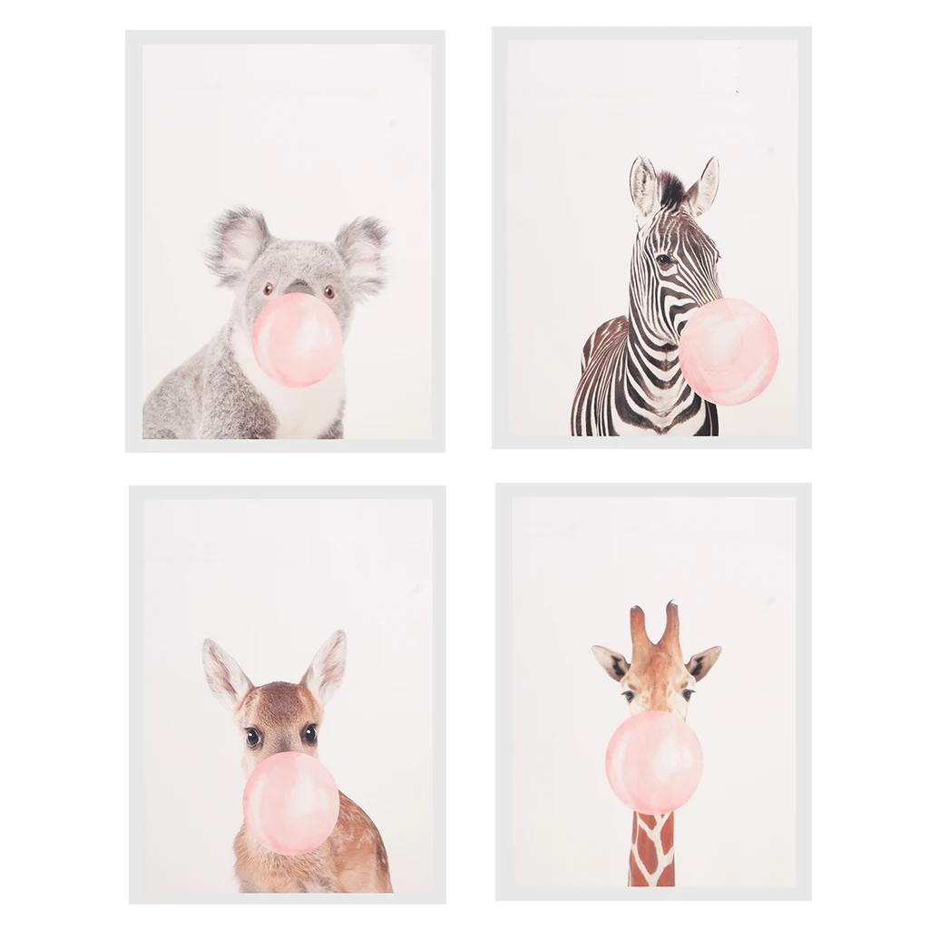 4 Panel Canvas Oil Print Painting Wall Hanging Picture Paint for Home Office Hotel Hallway - Animal Blow Bubble Gum