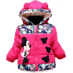 Осенне-зимняя куртка в горошек с Минни для маленьких девочек, пальто, детская теплая верхняя одежда с капюшоном, одежда с бантом