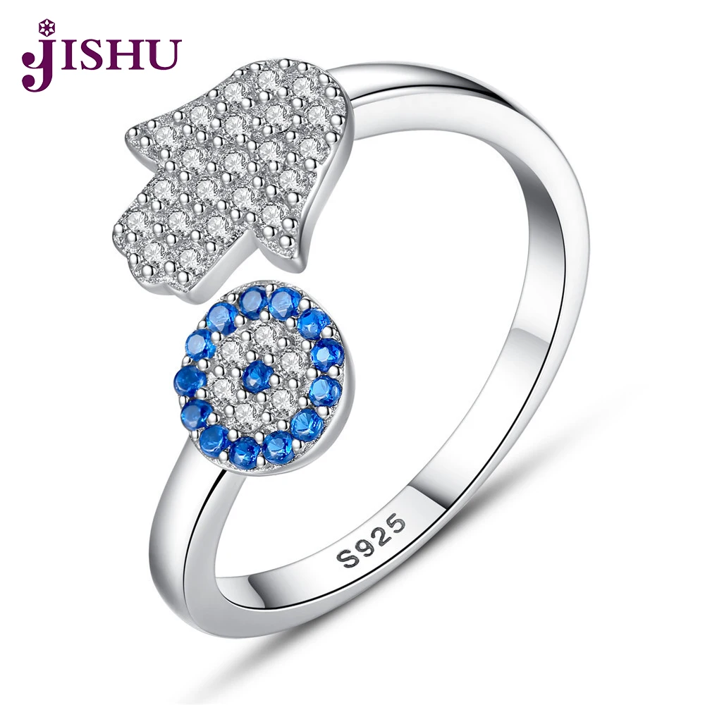 2018 New Unique Sterling Silver Open Mouse Ring Hamsa Hand Evil Eye Blue Finger Rings for Women Fashion Jewelry | Украшения и