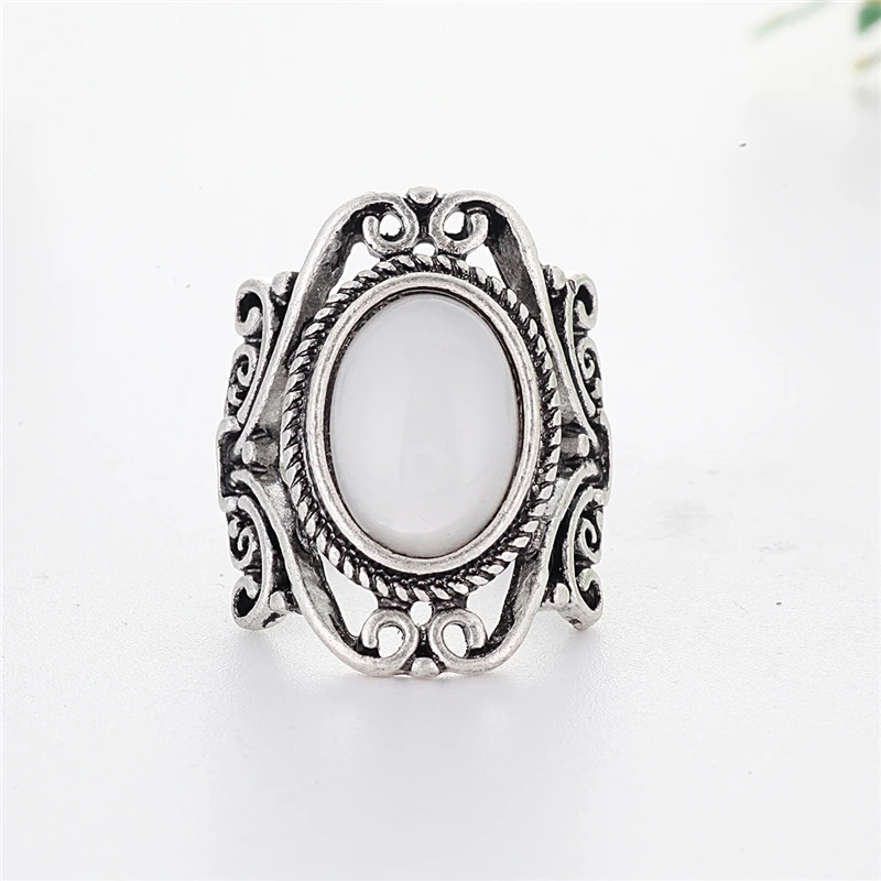Винтажные большие овальные кольца с лунным камнем для женщин, ювелирные изделия в стиле бохо, этническое античное серебряное кольцо на палец, кольцо для женщин, L4T047