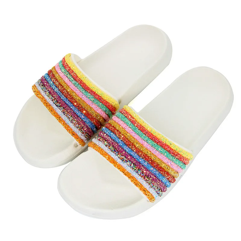 Mules Women Rainbow Slippers Mixed Color Flip Fops Designer Flat Slides Non Slip Home Slippers Lady Crystal Slip On Shoes Beach