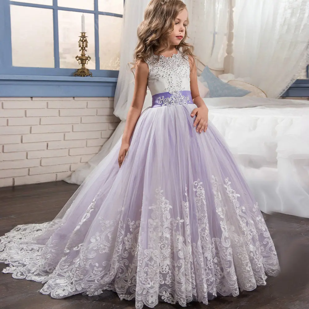 Платье принцессы для девочек-подростков; коллекция года; Детские торжественные свадебные платья; кружевные вечерние платья для торжеств; вечернее платье подружки невесты для детей - Цвет: Light purple dress