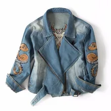 Try Everything 2017 Fashion Winter Jeans Jacket Embroidery women With Owl Snake Embroidered Zipper Denim Motorcycle Jacket Women