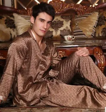 mens satin pajama set Men's Long Sleeve Silk Homewear Male Spring Summer Long Sleeves Pyjamas Lapel Handsome Luxurious Silk Nightwear 2pcs D-2183 soft cotton pyjamas Pajama Sets