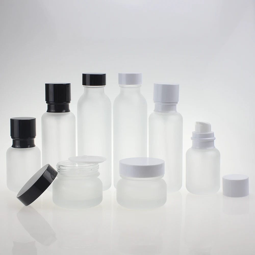 

China manufacture 50ml frosted glass cream jar with black and white lid, face cream jar