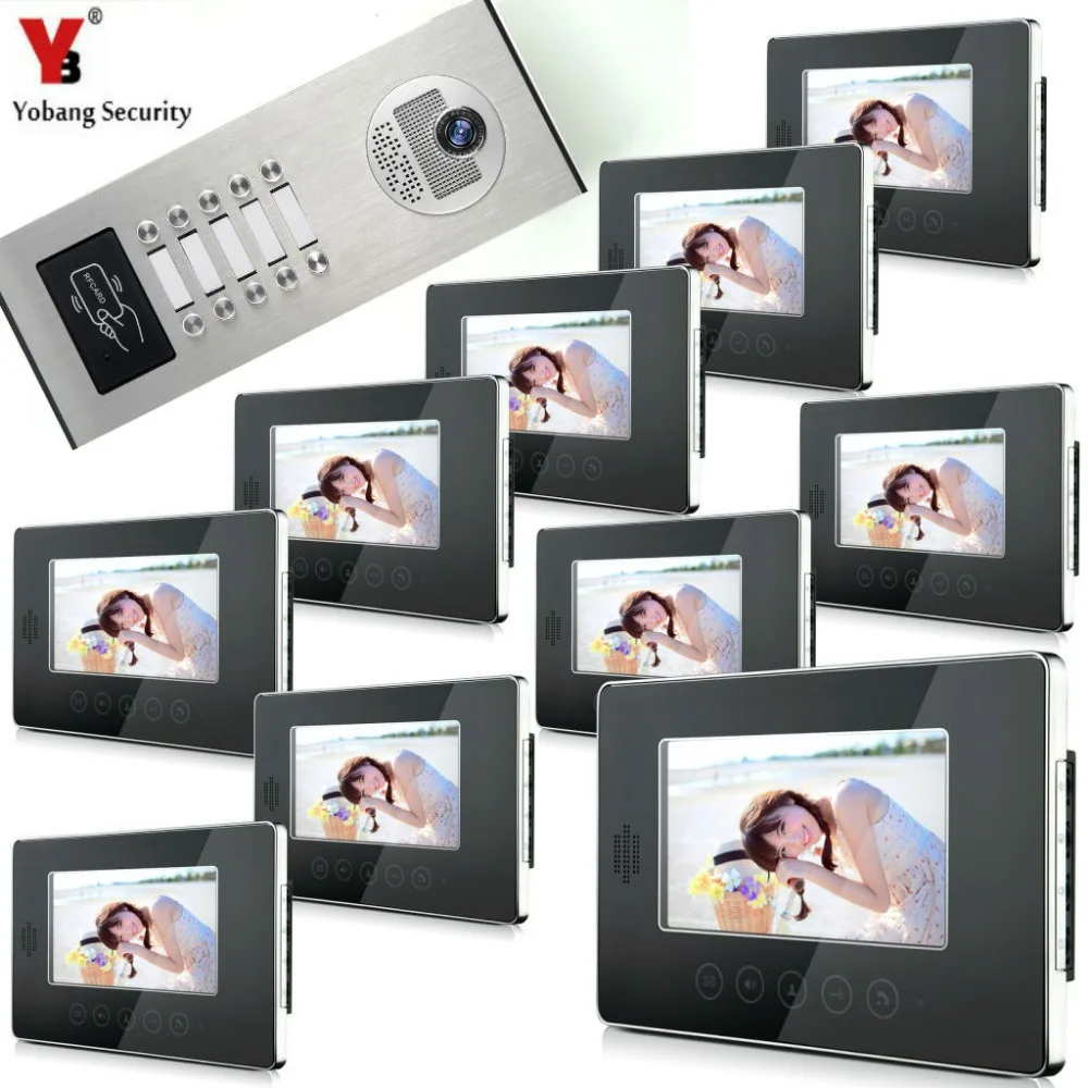 

Yobang Security Touch Button 7" LCD Monitor For 10 Apartment Video Doorbell Unlock Intercom System IR 1000TVL Doorbell Camera