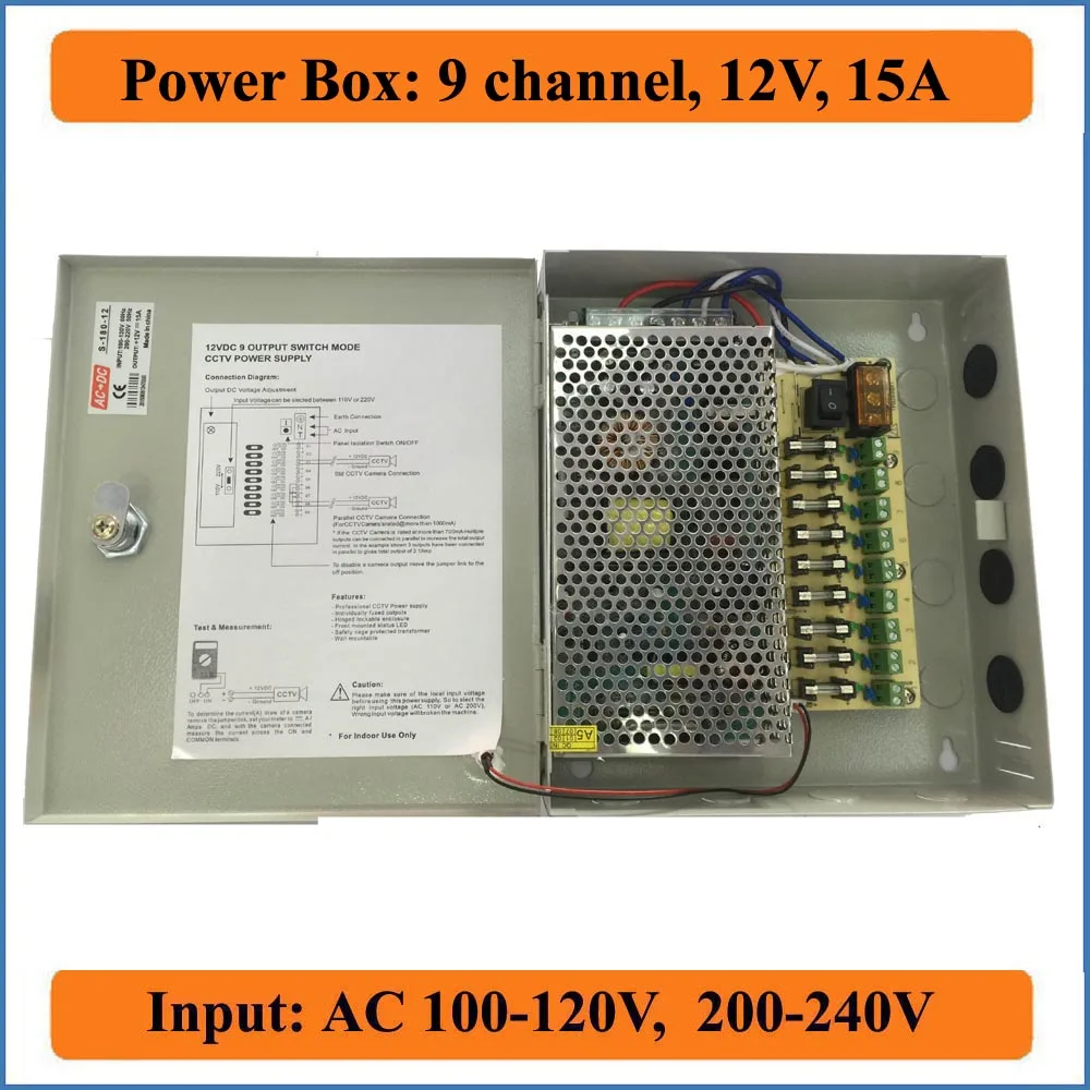 9 Port DC12V 15A CCTV Camera Power Box Switching Power Suply BOX for CCTV Security Cameras IP