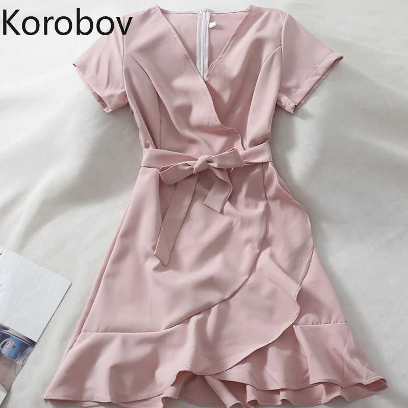 Korobov корейское женское платье с v образным вырезом и коротким рукавом элегантное