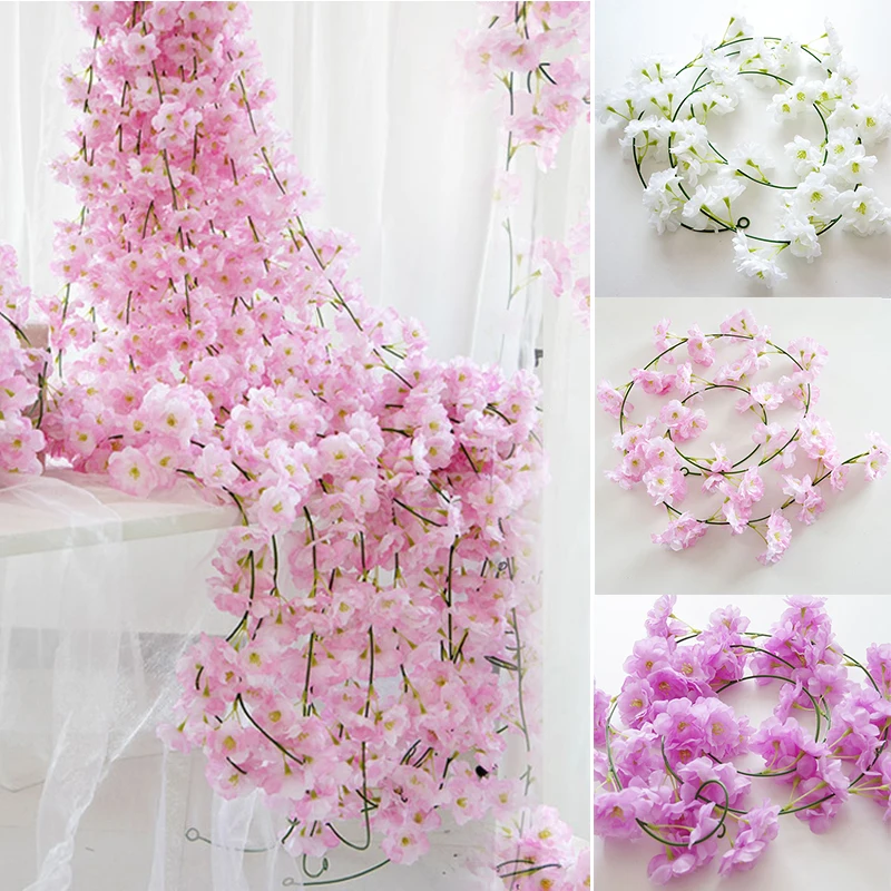 

200cm Silk Sakura Cherry Rattan Wedding Arch decoration Vine Artificial flowers Home party decor Ivy wall Hanging Garland Wreath