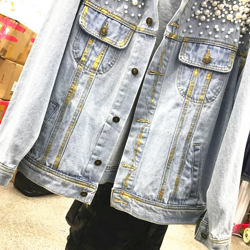 Automne Jean Perle Femelle En Denim Lourd Manteau Printemps Tenues Rue Haute Lâche Femmes Lavage Nouvelles Blousons De Bleu Cowboy Étudiants ZnvZX7p
