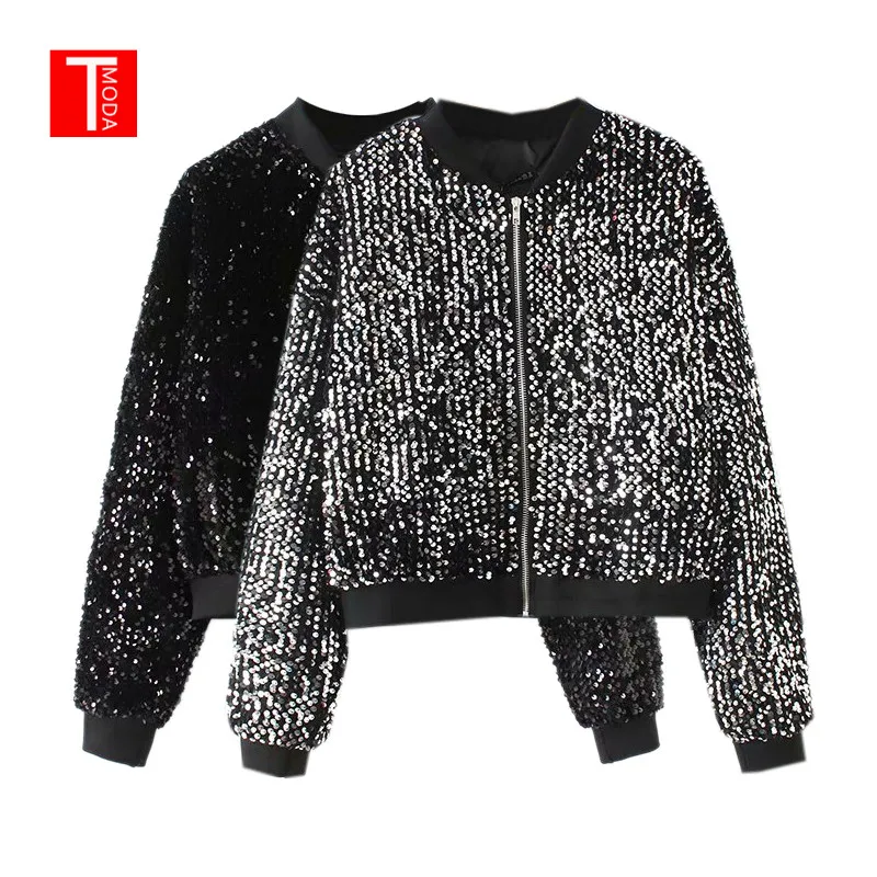 

2018 Autumn Women Chic Sequined Jacket Coats Pockets Long Sleeve Zipper Design Outerwear Vintage Female Casual Fashion Tops