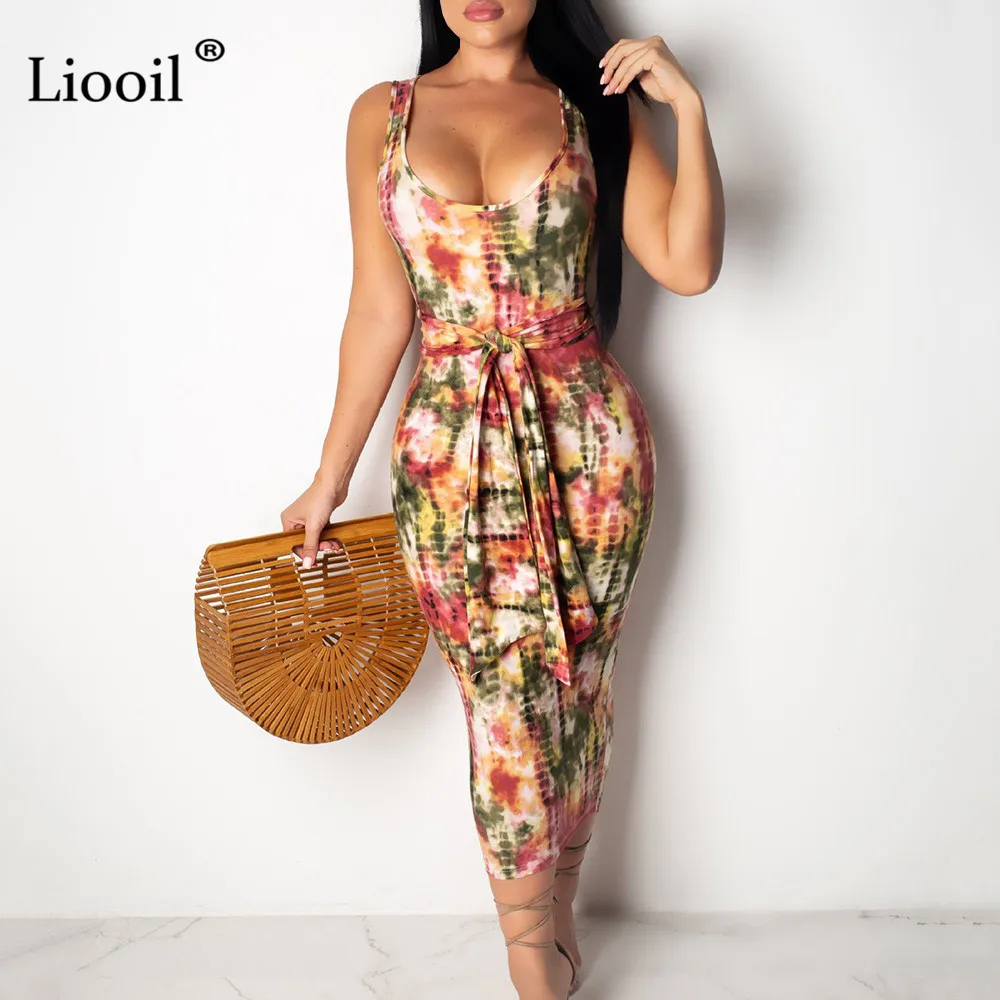 Liooil Tie Dye Midi платье Сексуальная Клубная одежда летняя одежда для женщин Новое поступление плюс размер облегающие платья женские вечерние ночные