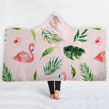 

Flamingos Tropical Plant Printed Hooded Blanket Thick Warm Wearable Kids Hat Blanket Nap Travel Picnic Throw 130x150cm/150x200cm